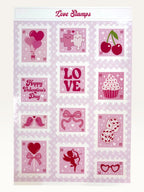 Paper Party Studio Love Stamps sticker sheet featuring vintage-style pink and red Valentine designs on glossy paper.