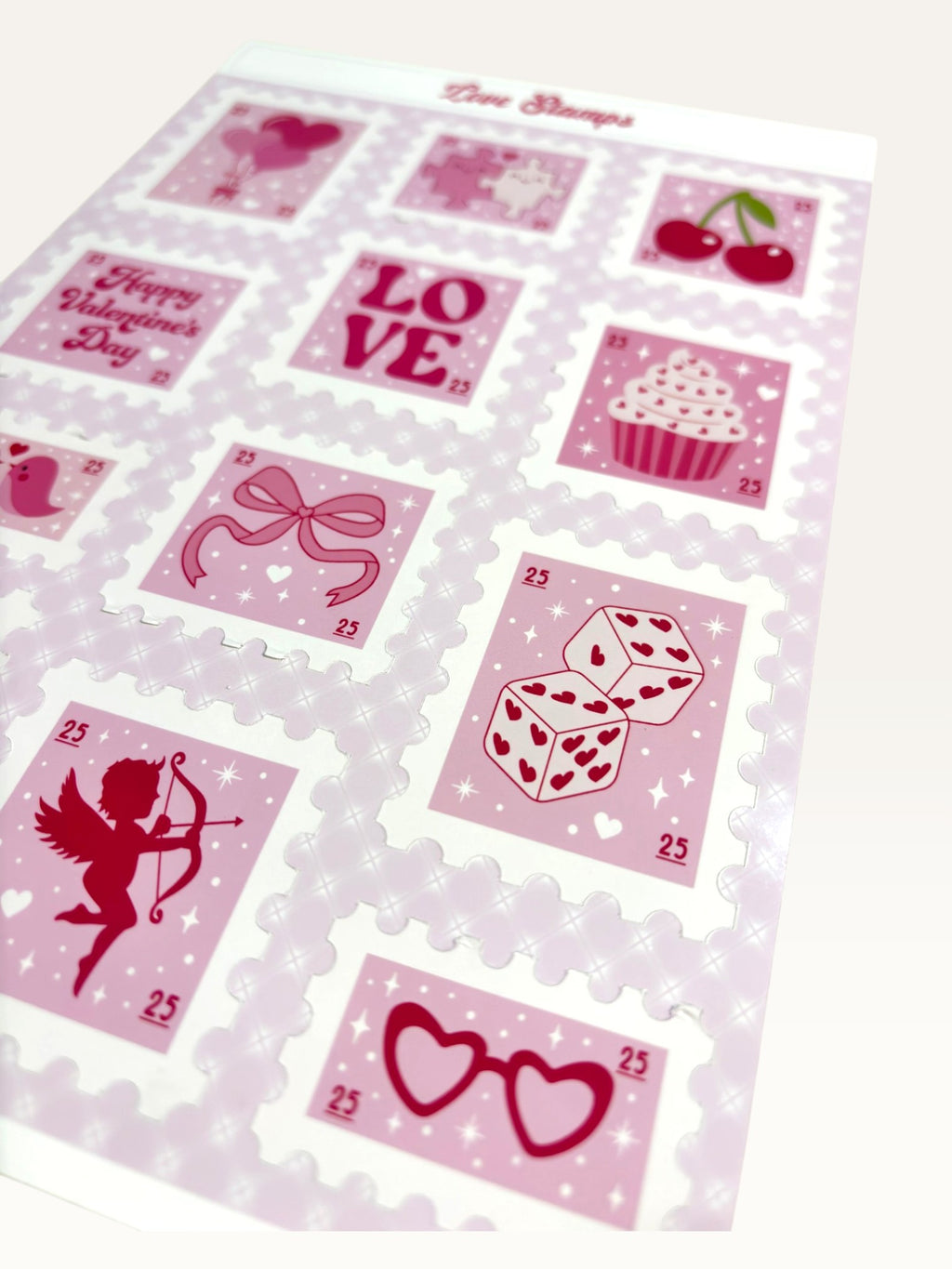 Paper Party Studio Love Stamps sticker sheet featuring vintage-style pink postage stamps with romantic illustrations.