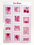 Paper Party Studio Love Stamps sticker sheet featuring vintage-style pink postage stamps with romantic illustrations.