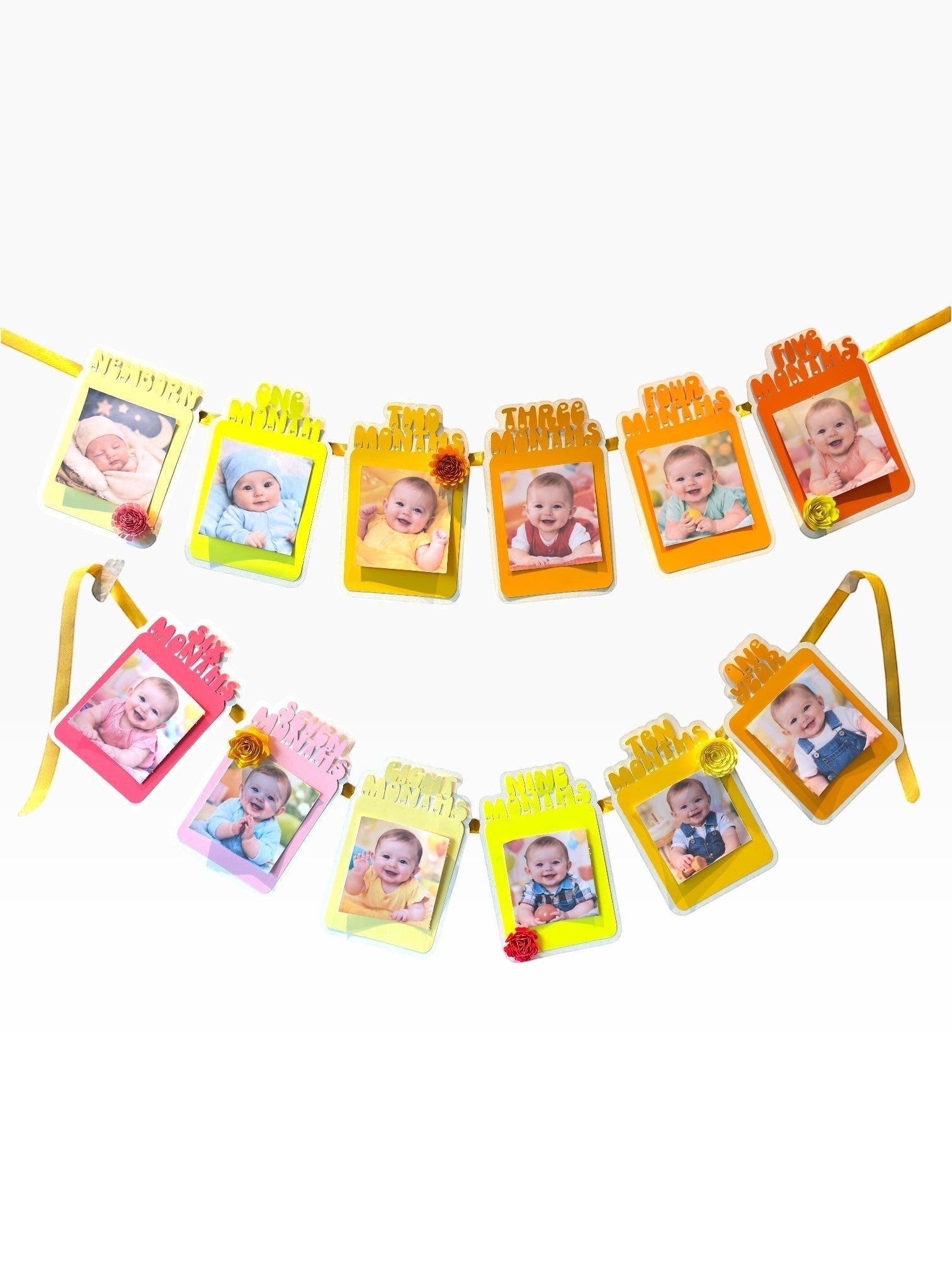 Paper Party Studio monthly milestone photo banner with 13 frames from newborn to one year in sunset colors with rosette accents.
