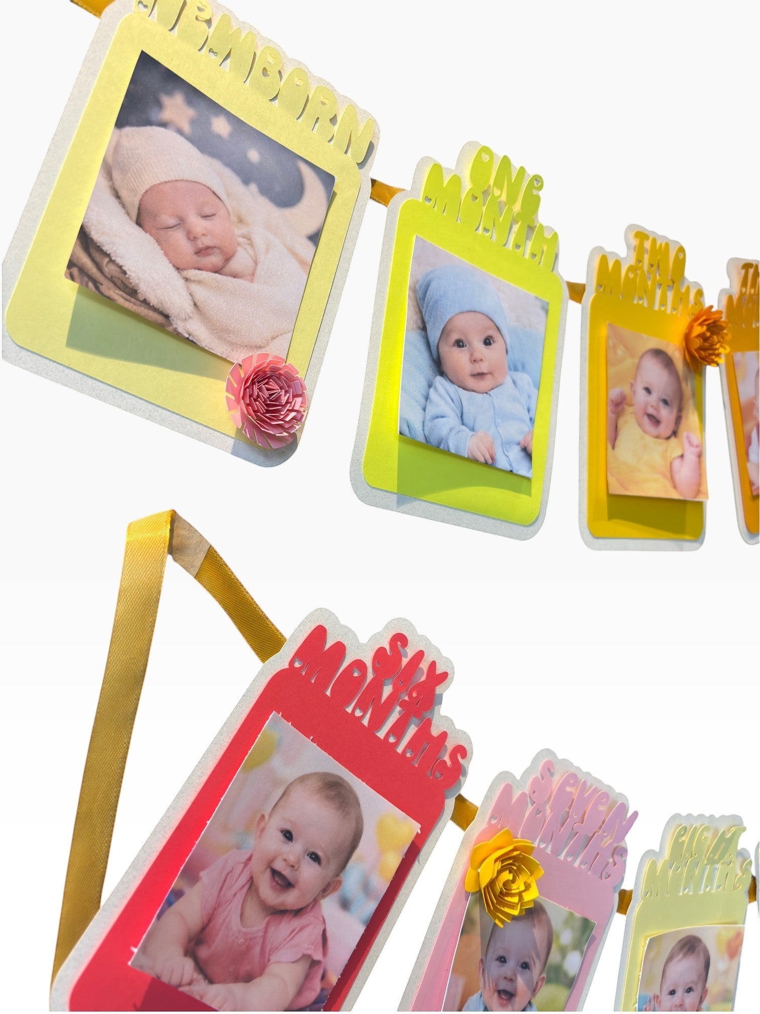 Paper Party Studio monthly milestone photo banner with 13 frames from Newborn to One Year in sunset palette colors.