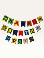 Paper Party Studio multicolour swallowtail Happy Birthday banner with cake, balloon, and star decorative tiles.
