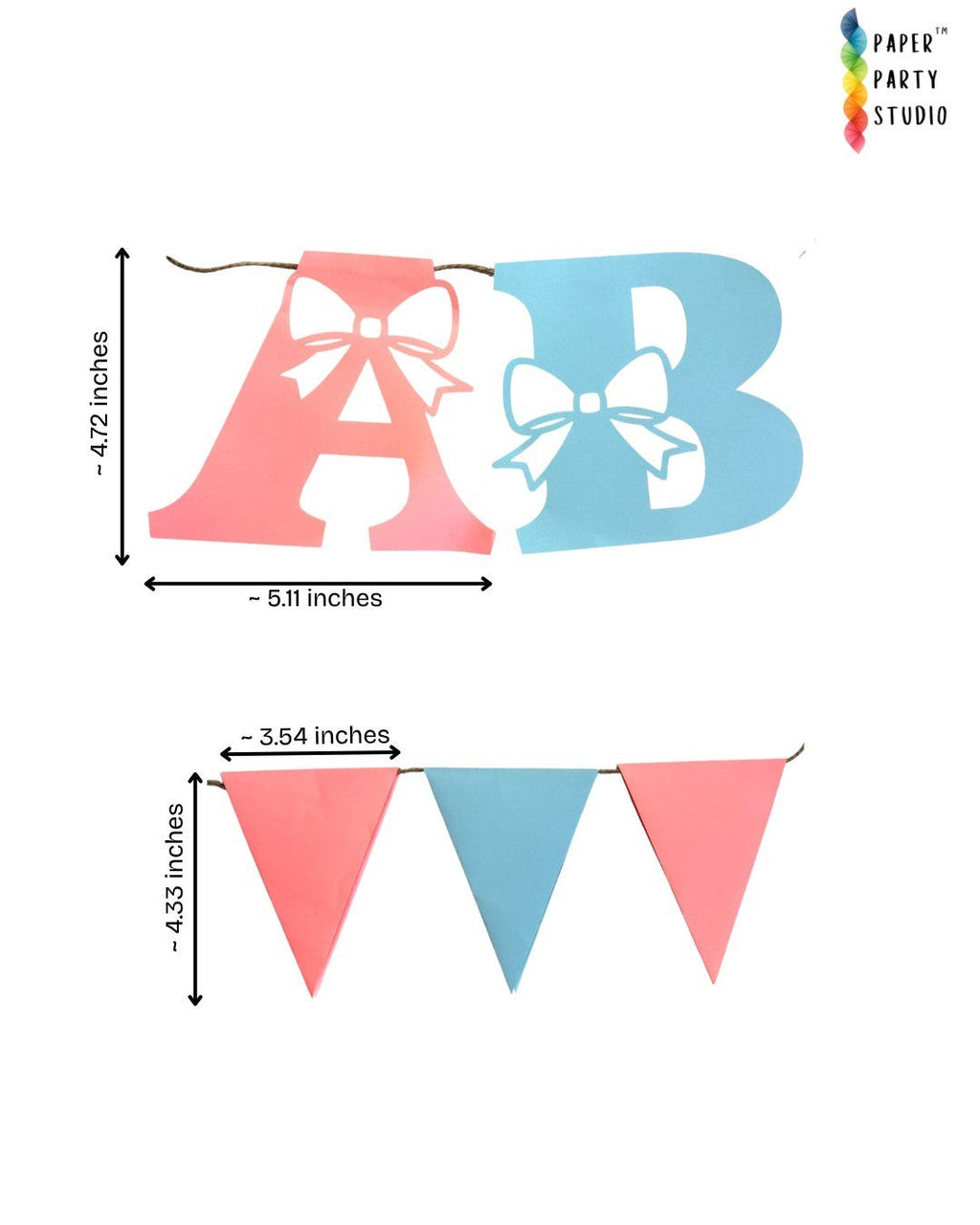 Paper Party Studio Oh Baby banner with pink and blue cardstock letters featuring bow cut-outs and triangle pennants.