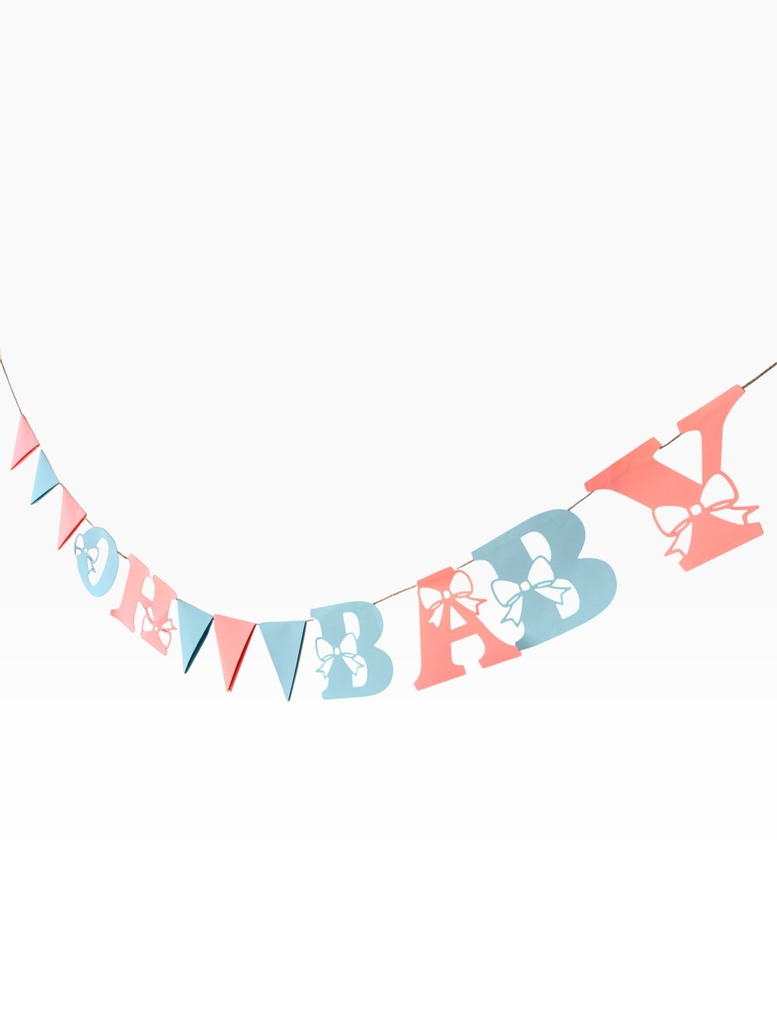 Paper Party Studio Oh Baby banner with pink and blue letters and bow cut-outs, interspersed with triangle pennants.