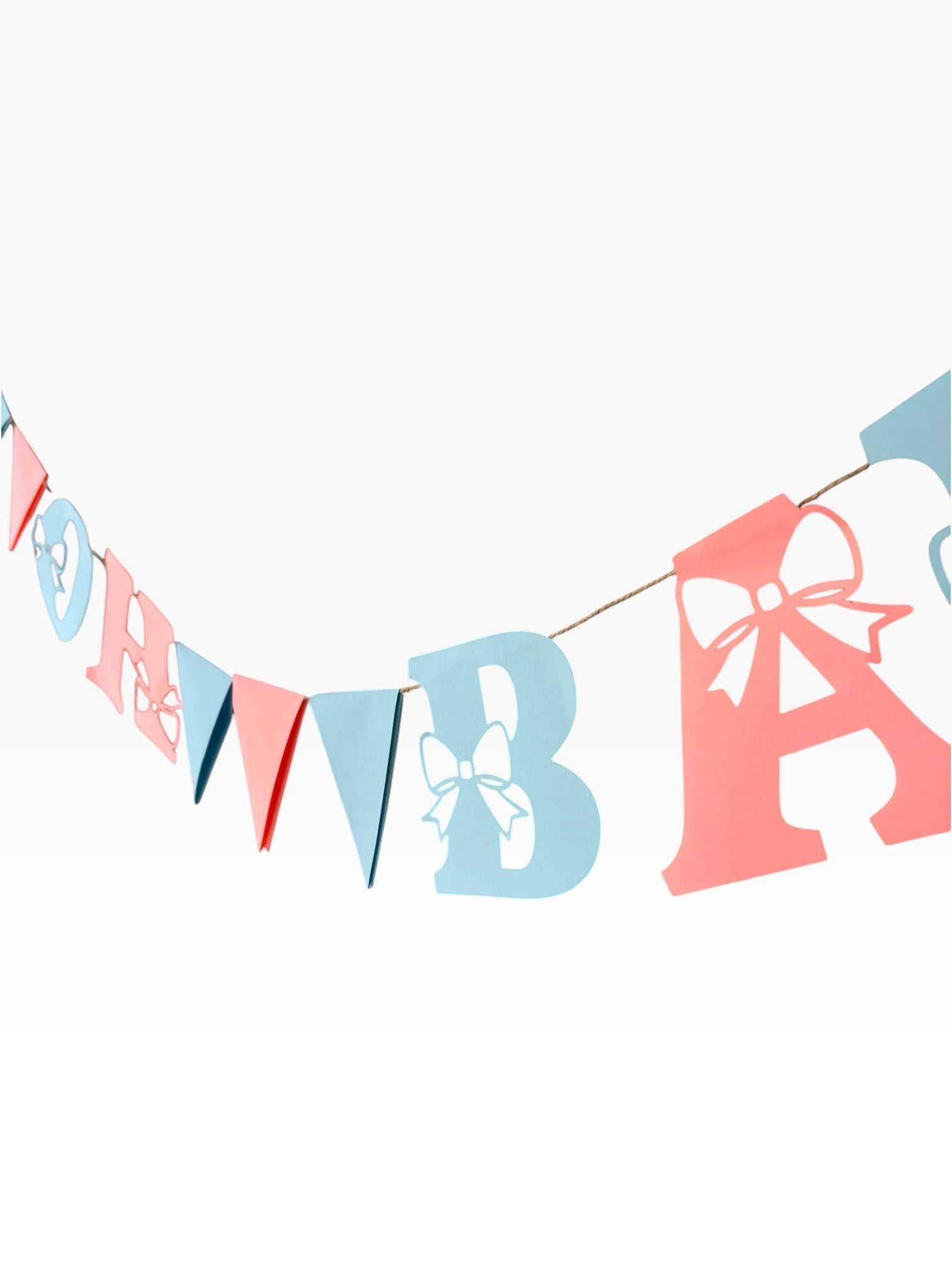Paper Party Studio 'Oh Baby' banner with pink and blue letters and bow cut-outs, interspersed with pennants.