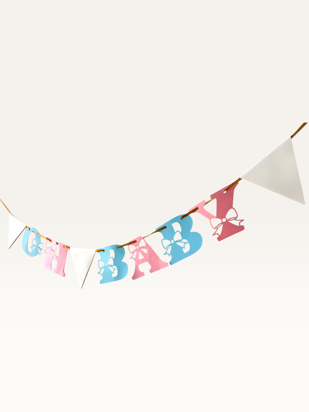Paper Party Studio Oh Baby banner with pink and blue paper letters featuring bow cut-outs and white triangle pennants.