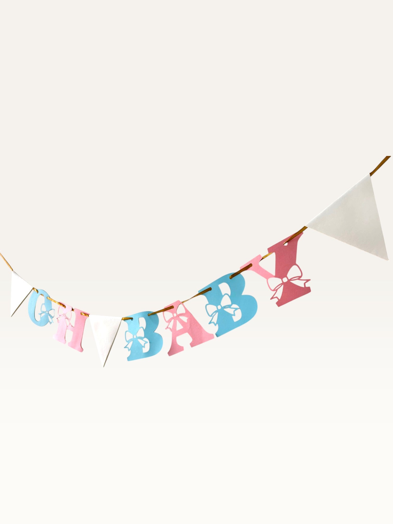 Paper Party Studio Oh Baby banner with pink and blue paper letters featuring bow cut-outs and white triangle pennants.