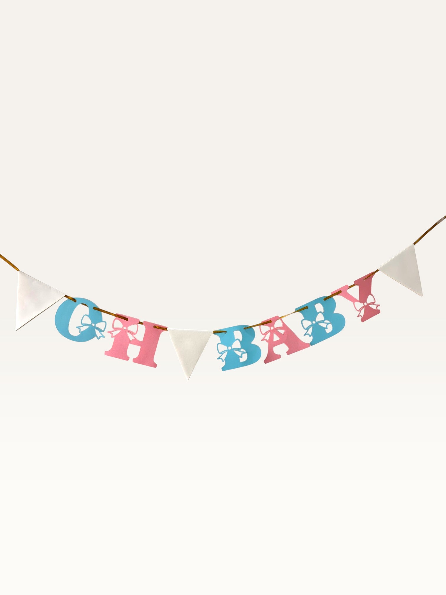 Paper Party Studio Oh Baby banner with pink and blue letters featuring bow cut-outs and white triangle pennants
