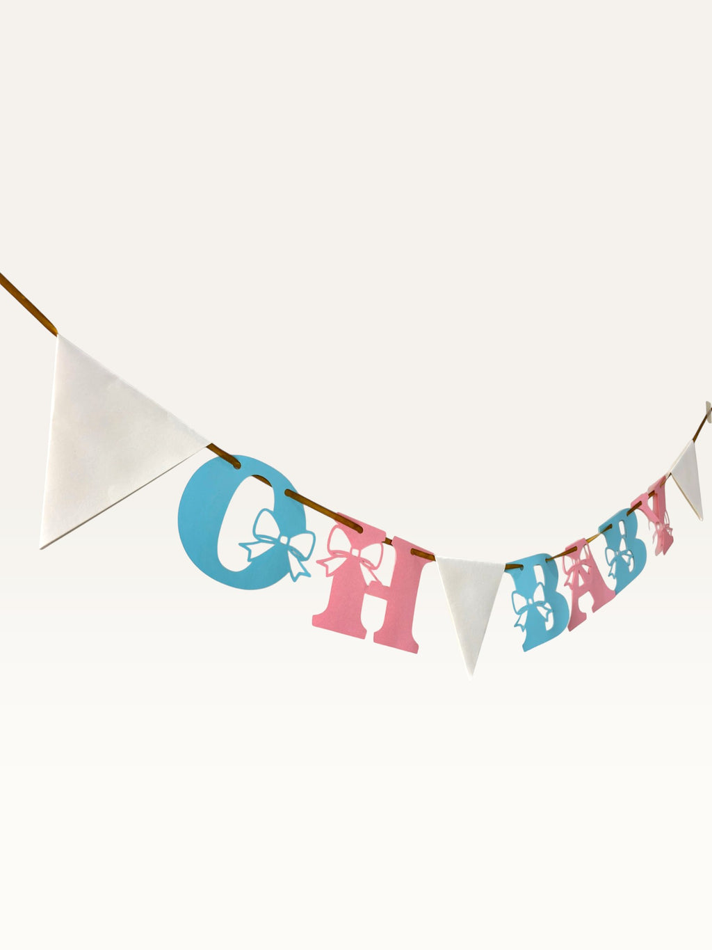 Paper Party Studio gender-neutral Oh Baby banner with pink and blue letters, bow cut-outs, and white triangle pennants.