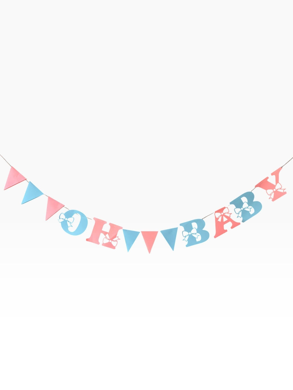Paper Party Studio gender-neutral Oh Baby banner with pink and blue letters, bow cut-outs, and triangle pennants.