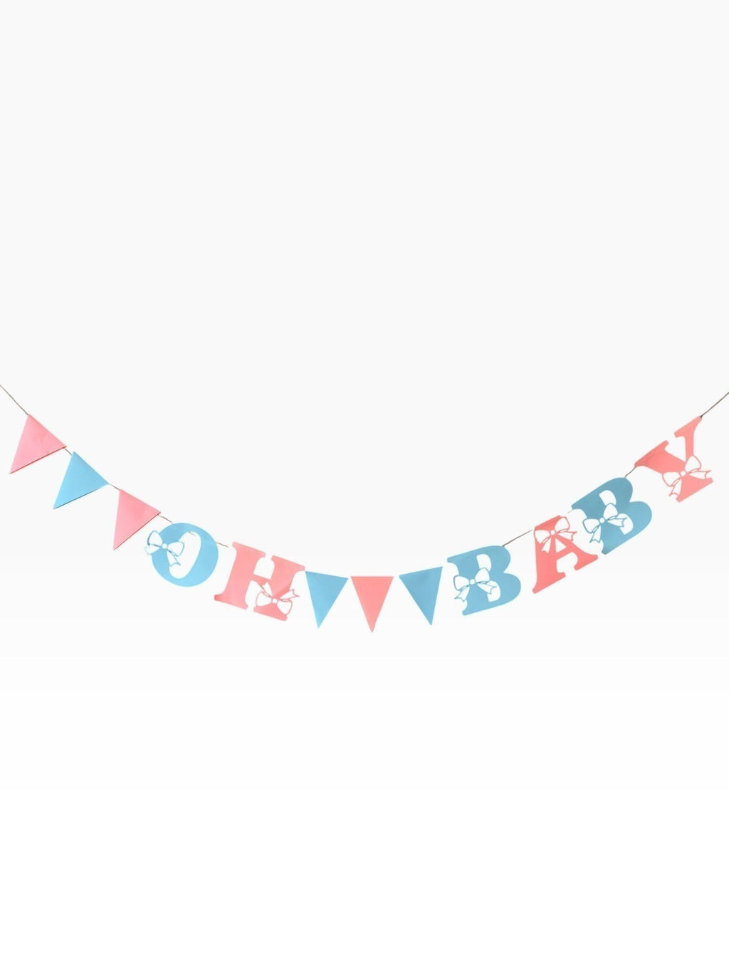 Paper Party Studio gender-neutral Oh Baby banner with pink and blue letters, bow cut-outs, and triangle pennants.