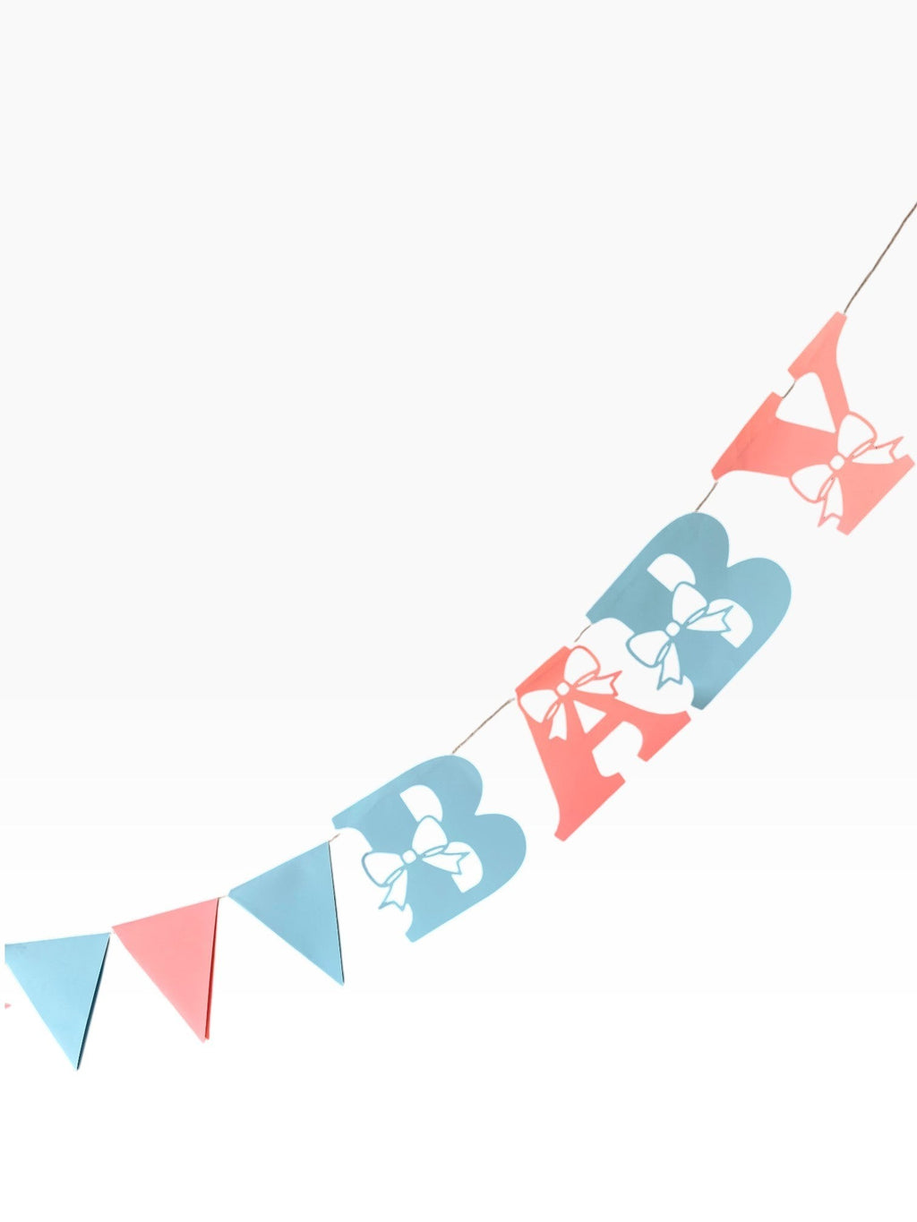 Paper Party Studio 'Oh Baby' banner with pink and blue letters featuring bow cut-outs and triangle pennants.