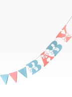 Paper Party Studio 'Oh Baby' banner with pink and blue letters featuring bow cut-outs and triangle pennants.