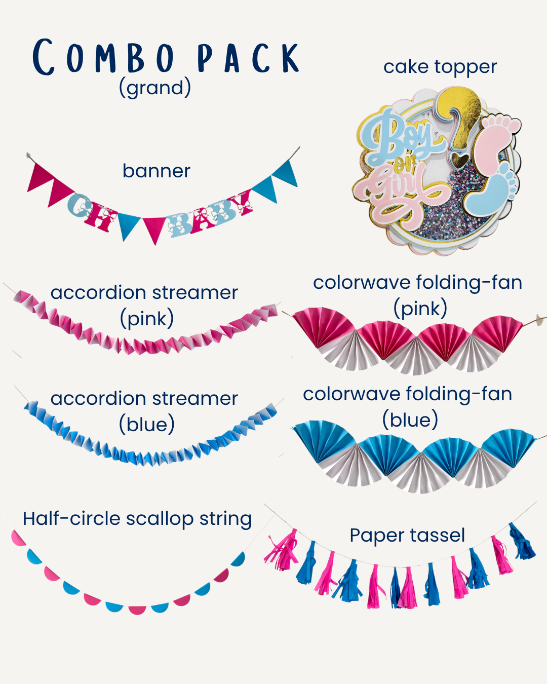 Paper Party Studio Oh Baby Shower combo flatlay with banner, bunting, and paper fan garland