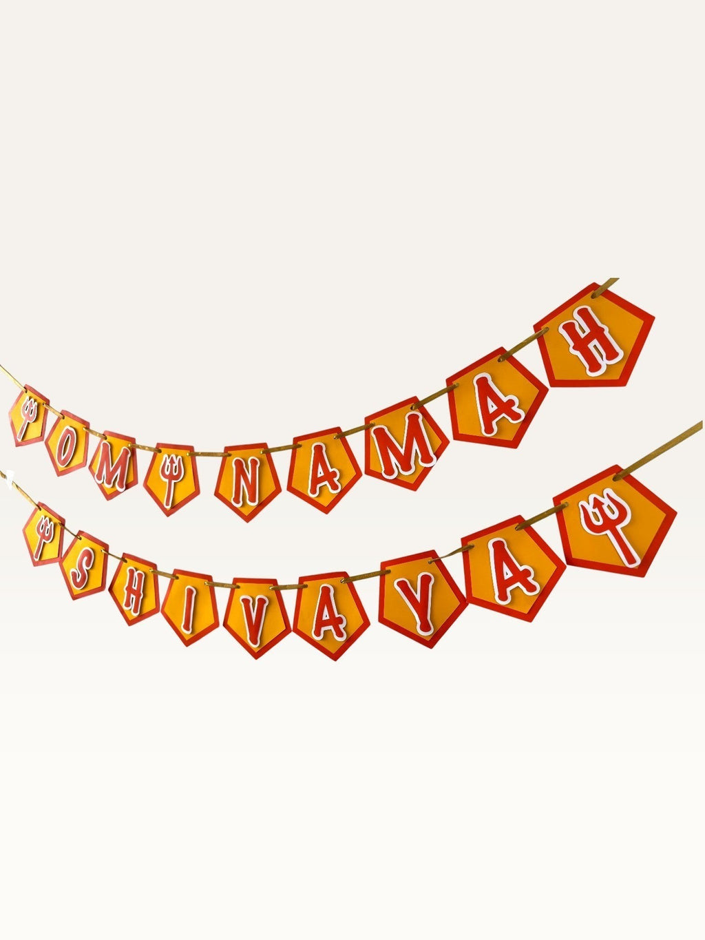 Paper Party Studio Om Namah Shivaya saffron pentagon banner with red borders and trishul accents for festive decor.