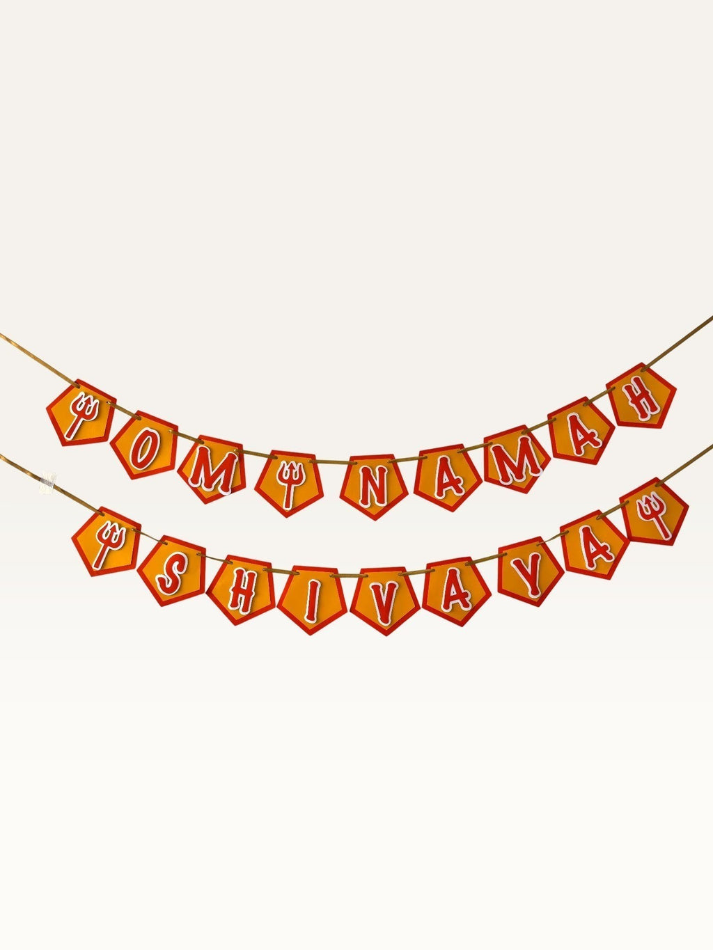 Paper Party Studio Om Namah Shivaya saffron pentagon bunting with red borders and trishul accents for festive decor.