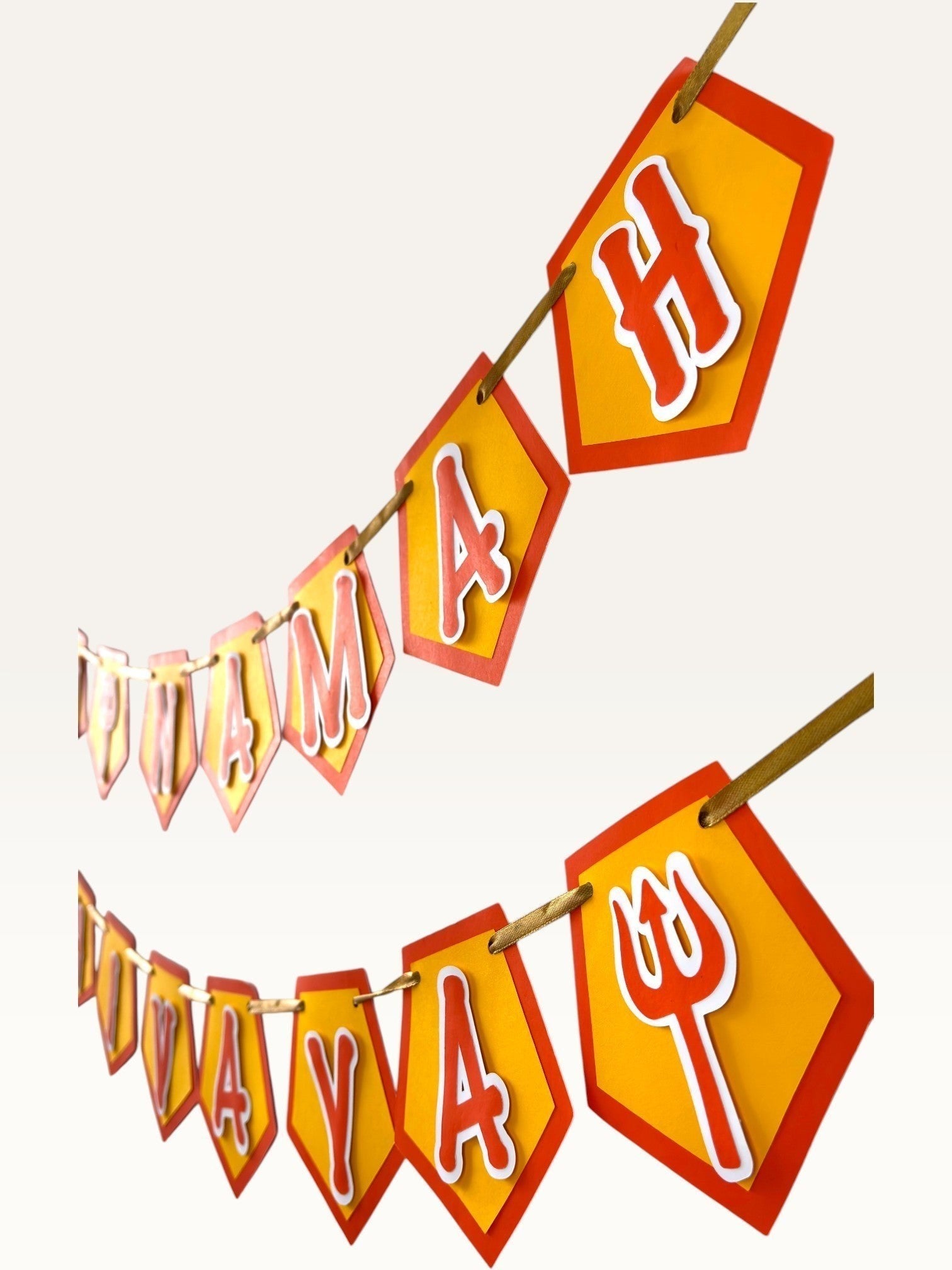 Paper Party Studio Om Namah Shivaya banner with saffron pentagon flags, red borders, and trishul accents for pooja.