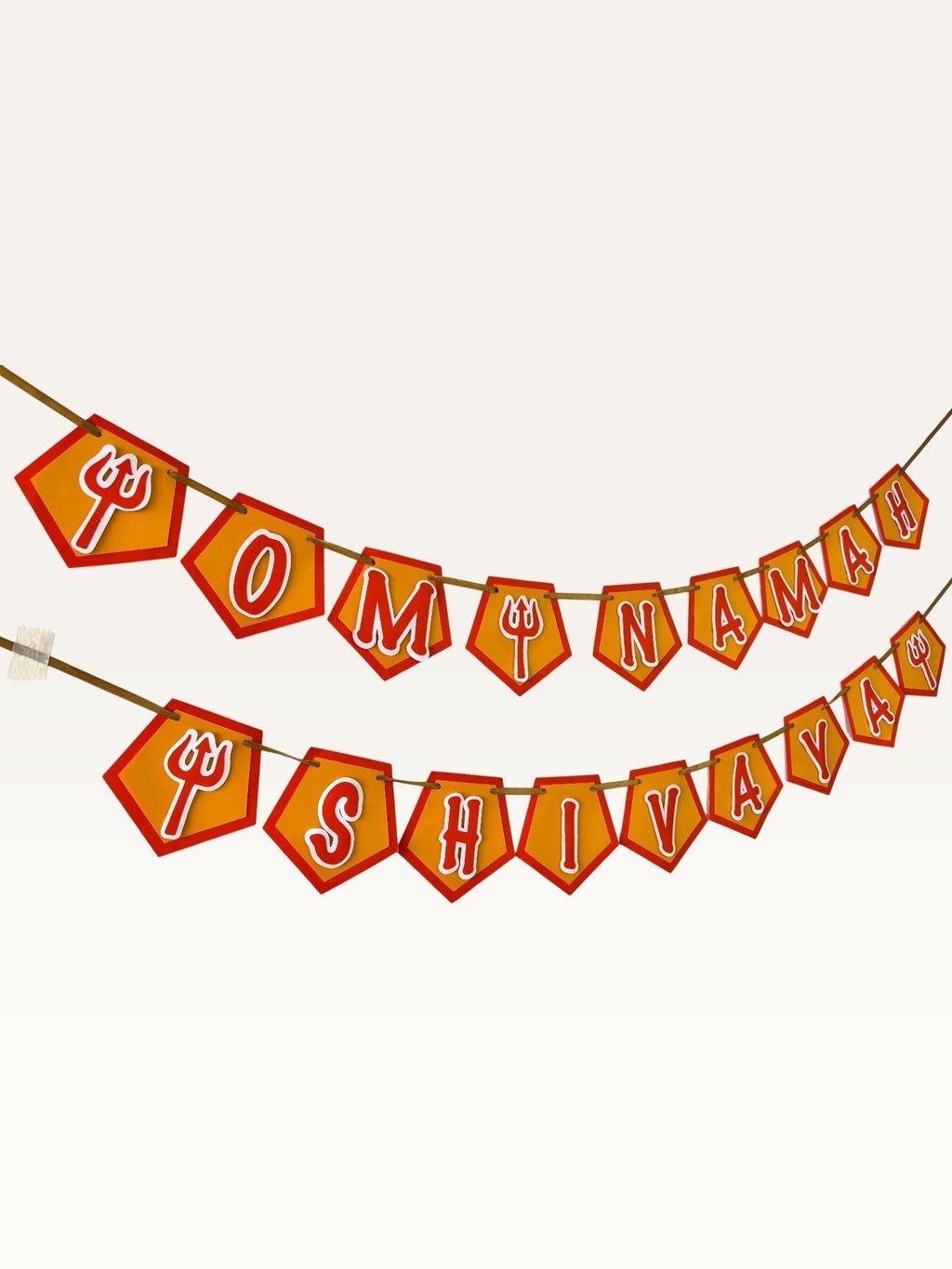 Paper Party Studio Om Namah Shivaya saffron pentagon banner with red borders and trishul accents for festive decor.