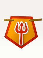Paper Party Studio saffron pentagon banner flag with a red trishul accent for Shivratri pooja home decor.