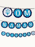 Paper Party Studio blue Om Namah Shivaya bunting with scalloped cardstock medallions and trishul accents for pooja.