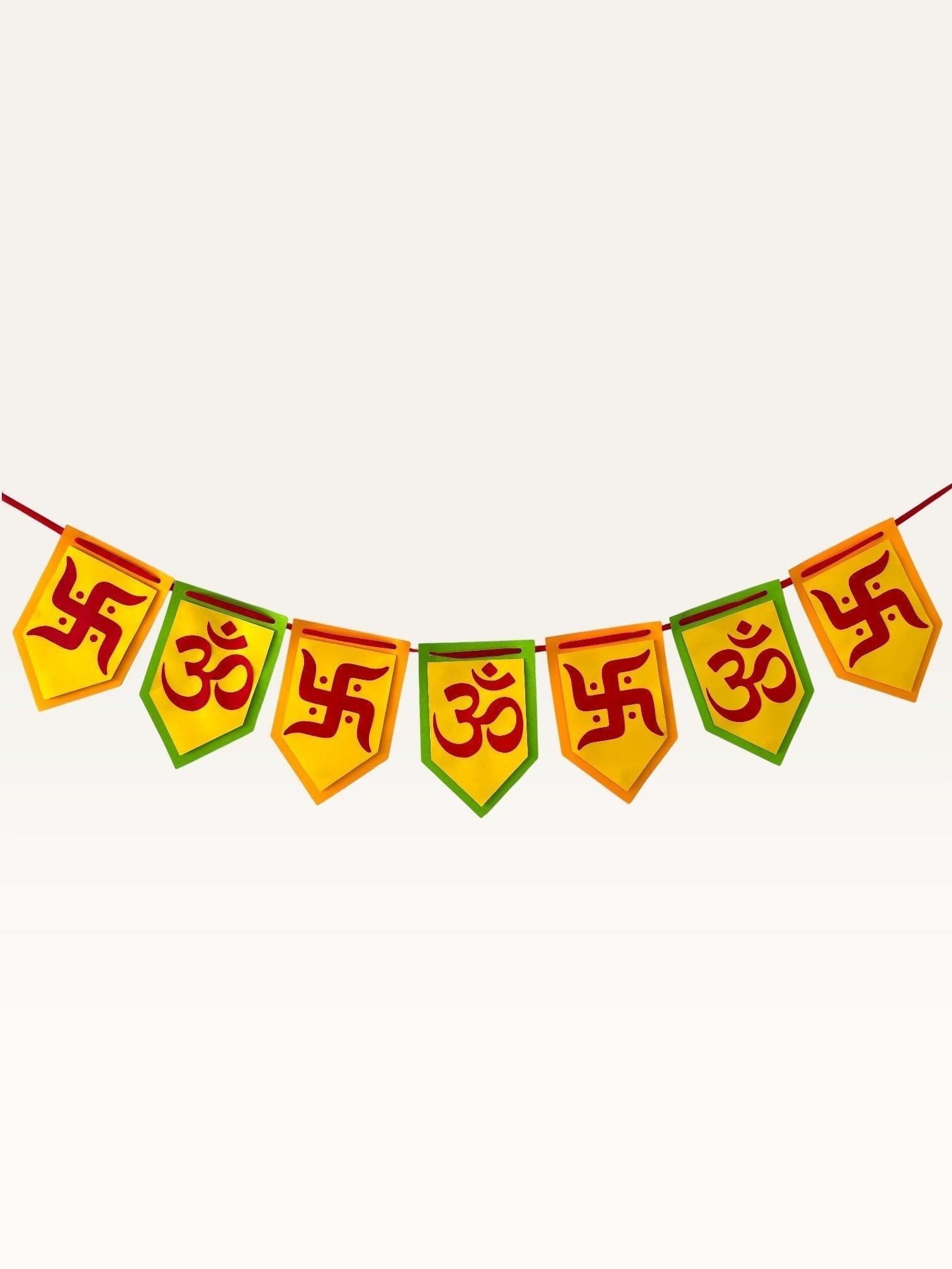 Paper Party Studio Om and Swastik bunting with yellow and red pentagon flags for festive home decor.