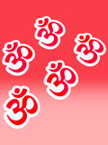 Paper Party Studio set of five red and white waterproof Om symbol stickers for devotional decor and personal items.