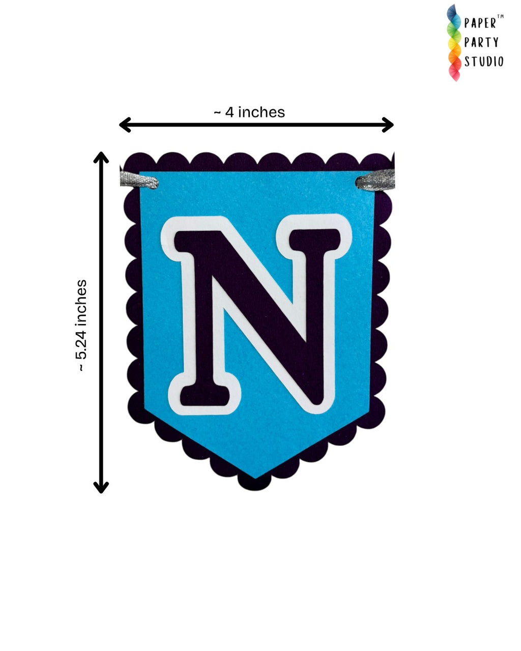 Paper Party Studio blue scalloped cardstock flag with letter N for a first birthday highchair banner.