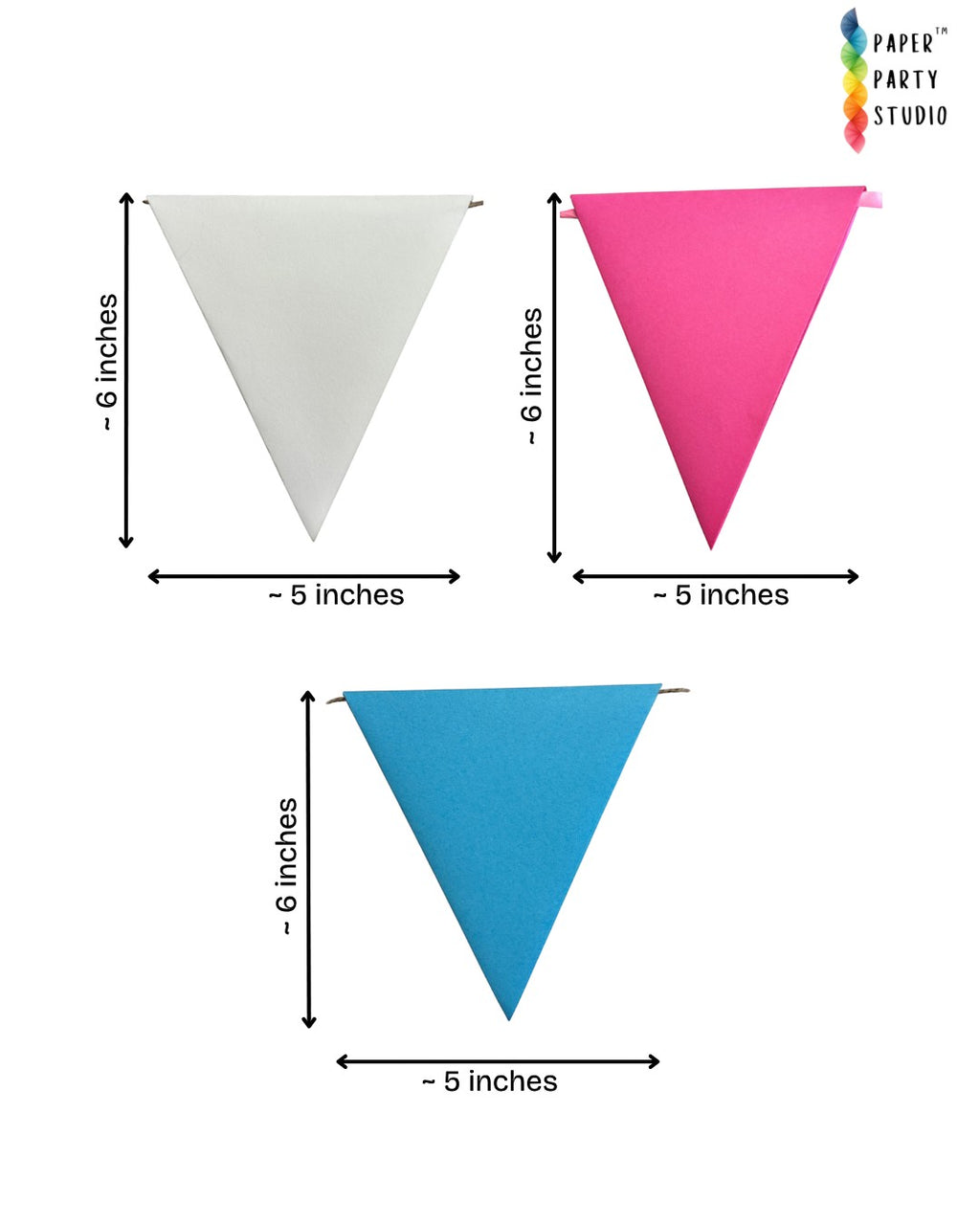 Paper Party Studio cardstock triangle pennant bunting flags in white, pink, and blue with dimensions shown.