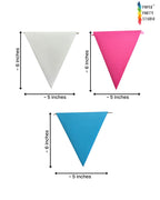 Paper Party Studio cardstock triangle pennant bunting flags in white, pink, and blue with dimensions shown.