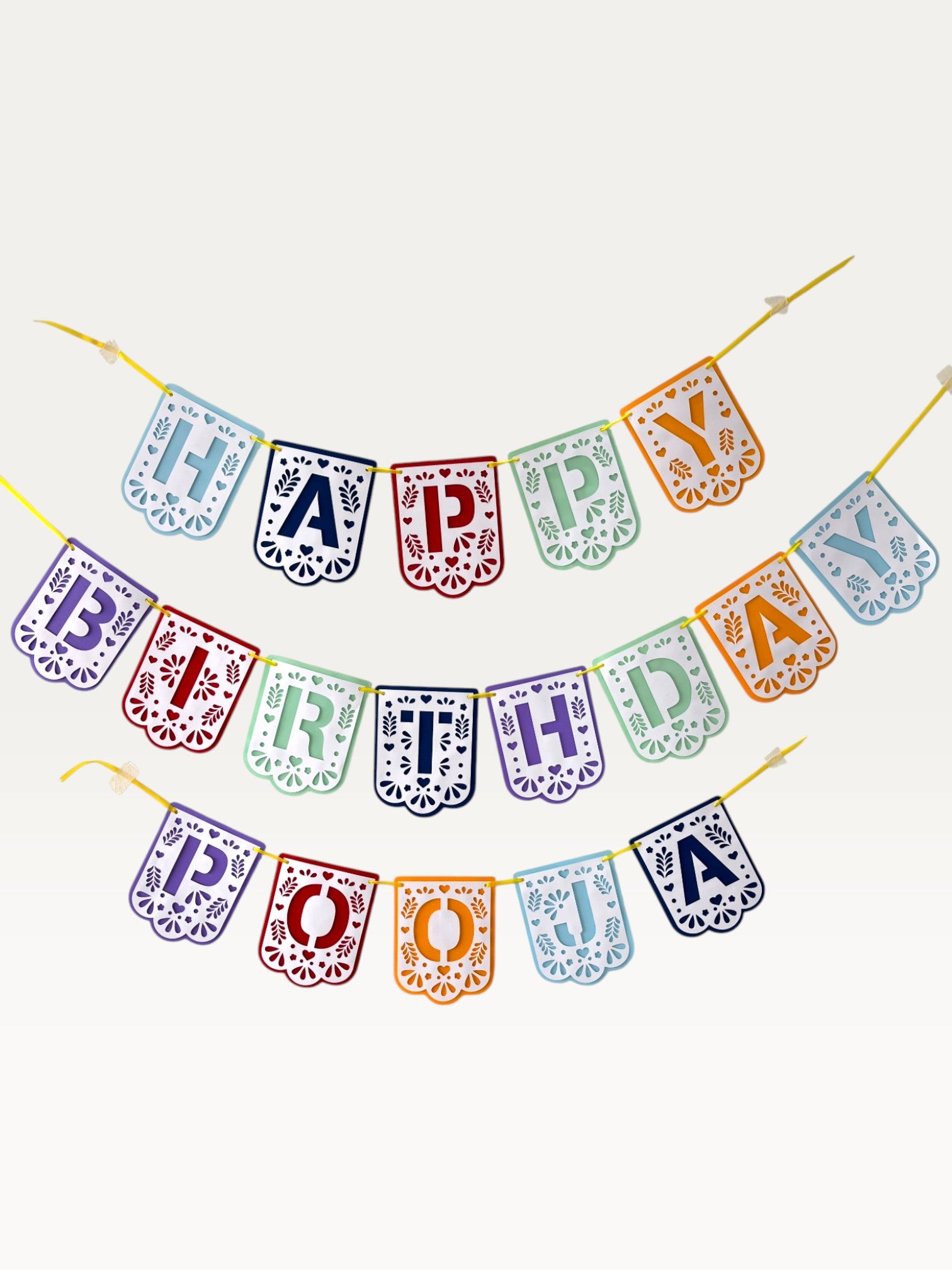 Paper Party Studio personalised papel picado birthday banner with colourful hand-cut lace patterns and custom name