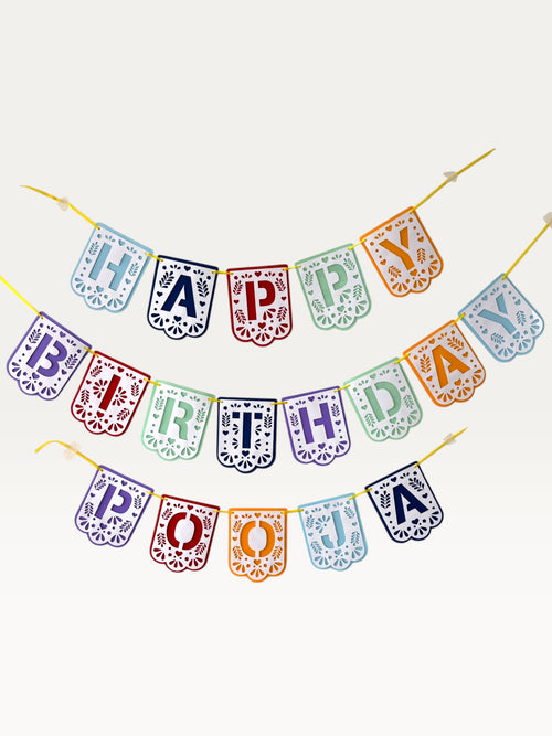 Paper Party Studio personalised papel picado birthday banner with colourful hand-cut lace patterns and custom name