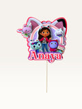 Paper Party Studio personalised cake topper featuring Gabby and kittens in a pastel dollhouse design for birthdays.