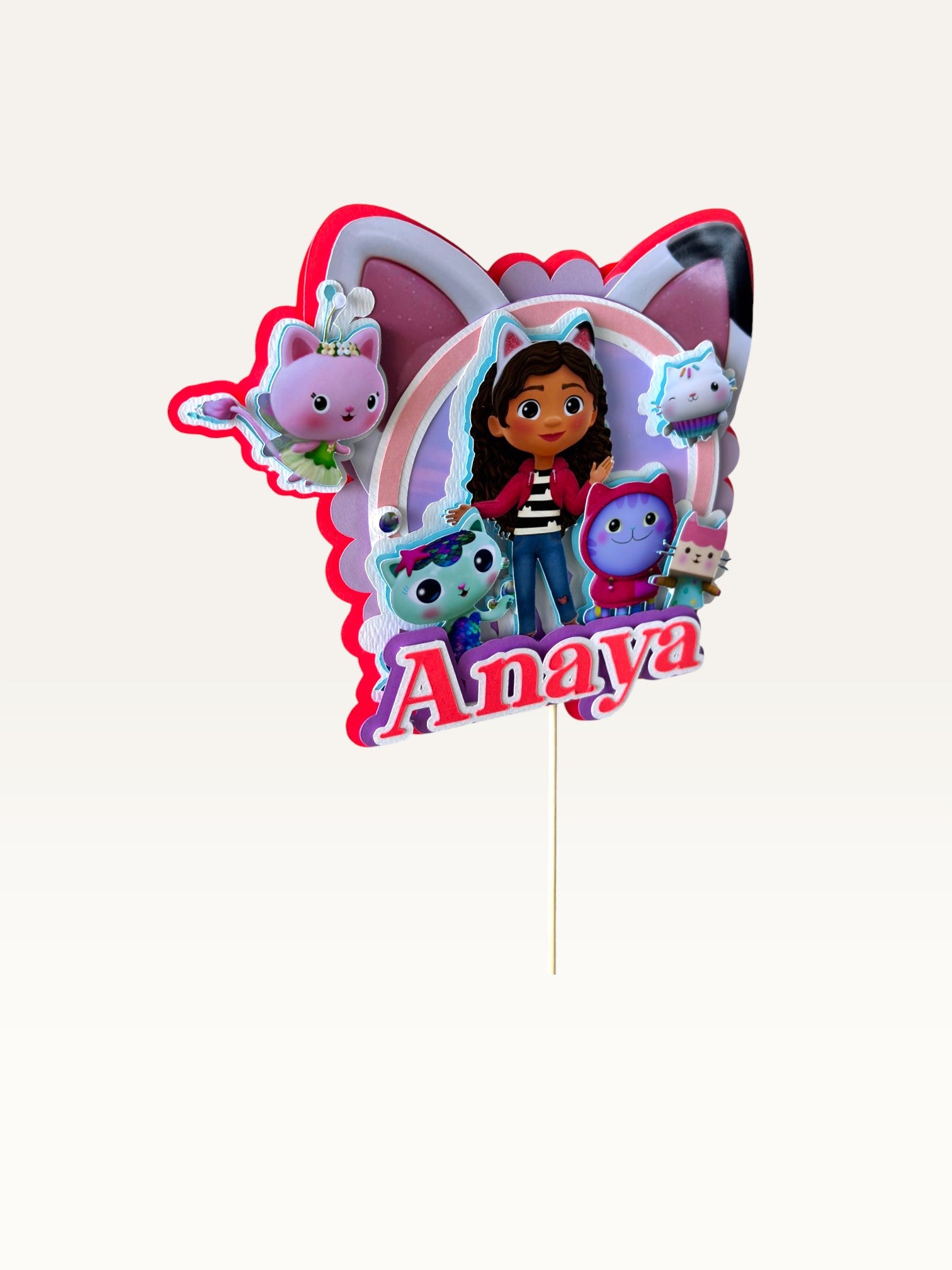 Paper Party Studio personalised cake topper featuring a dollhouse, kittens, and the name Anaya in pastel colours.