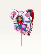Paper Party Studio personalised layered cake topper featuring a girl character, kittens, and the name Anaya.