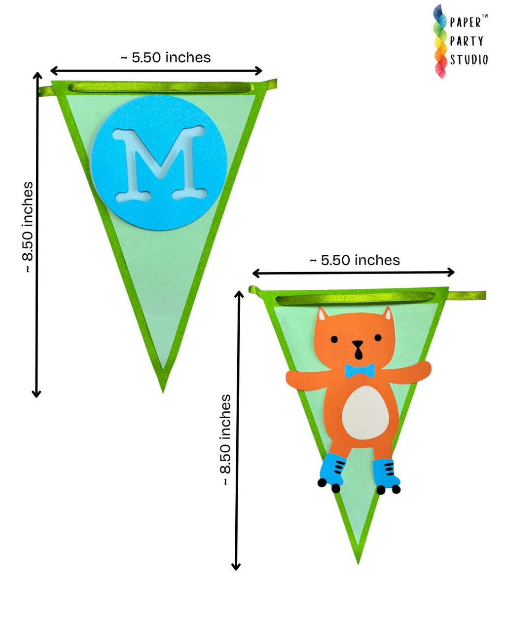 Paper Party Studio personalised kitty bunting with green cardstock pennants, blue letters, and ribbon trim.