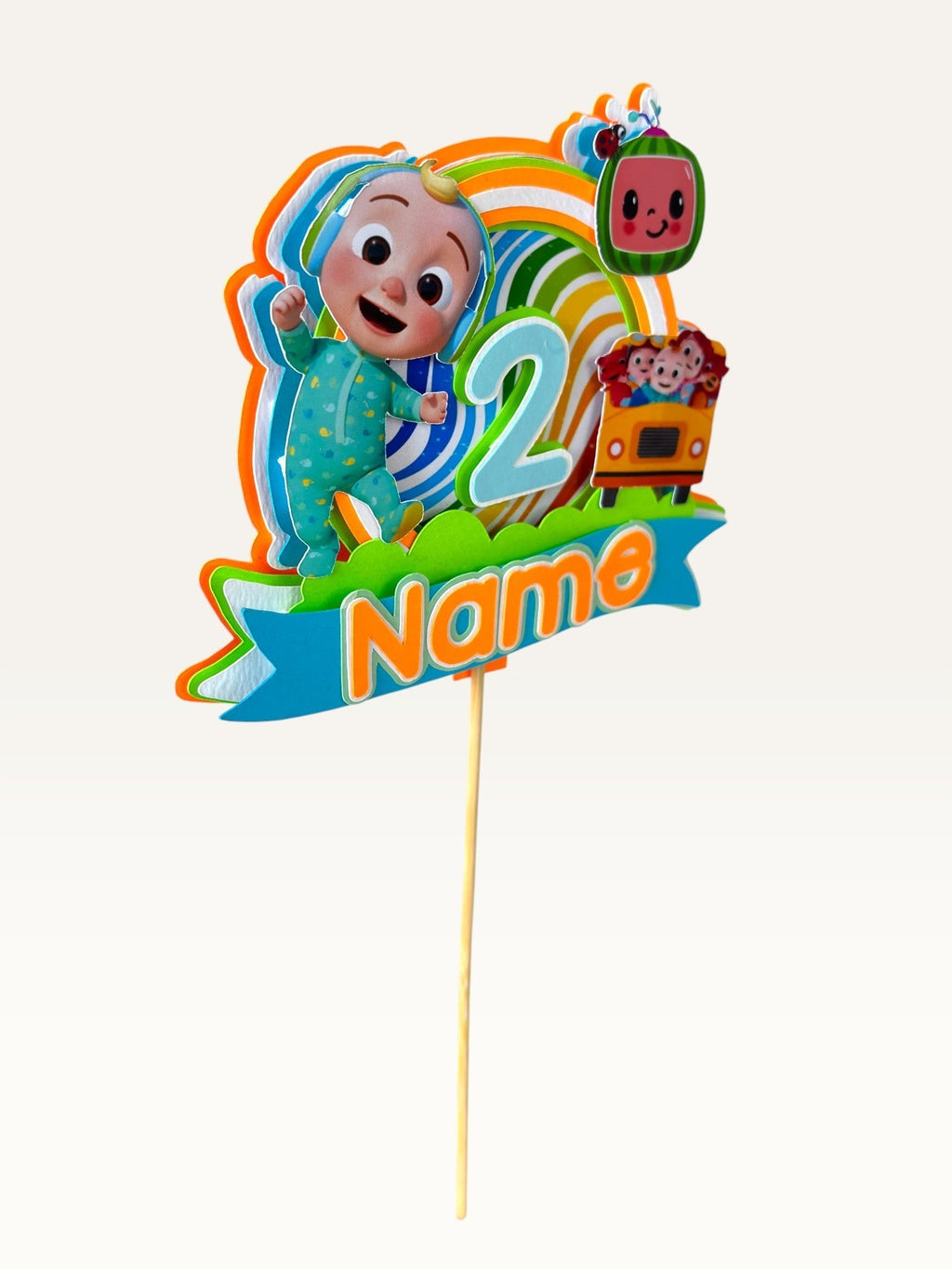 Paper Party Studio personalised sing-along nursery rhyme cake topper with rainbow, bus, and age 2 for toddler party