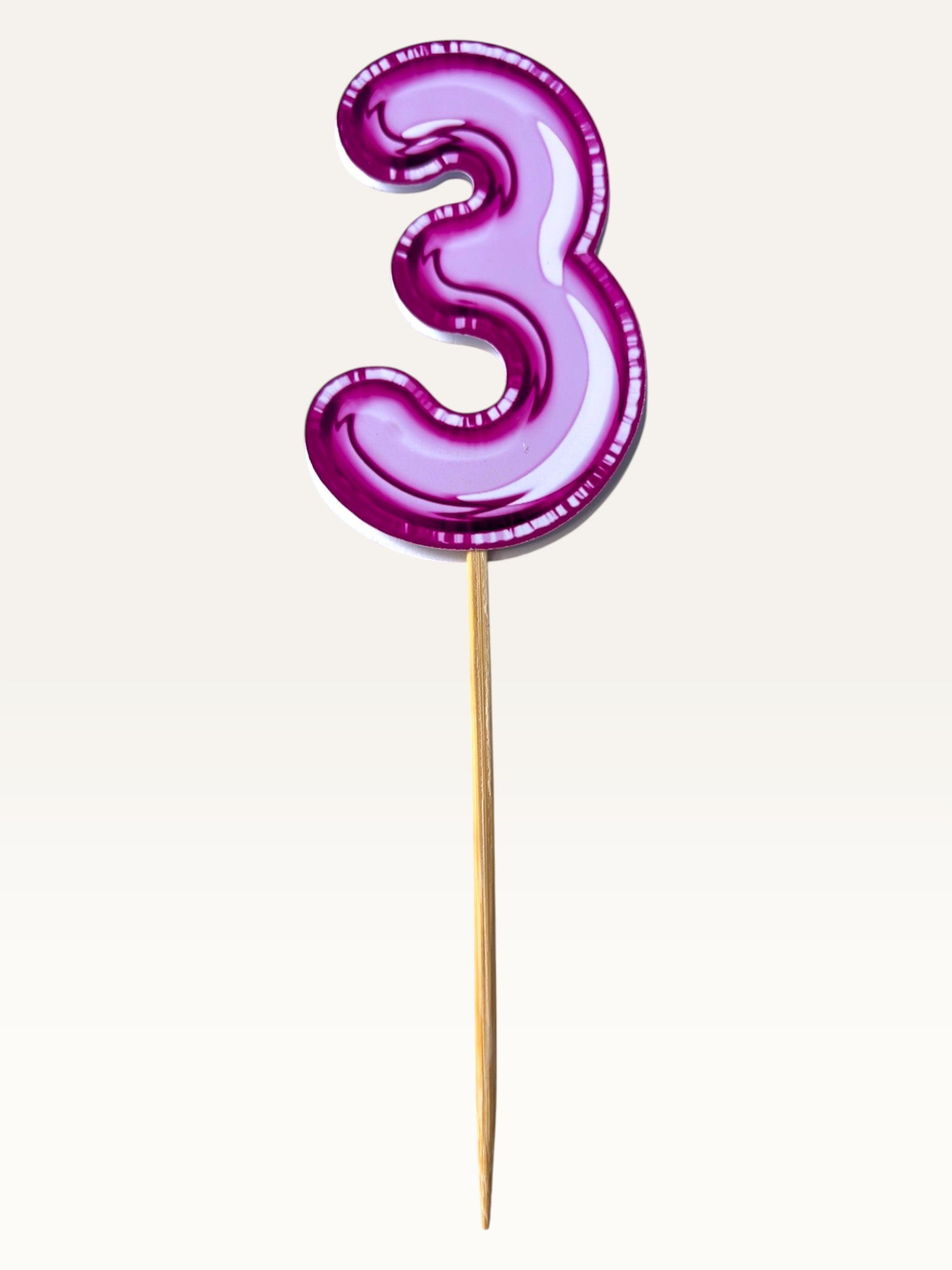 Paper Party Studio pink foil number 3 cupcake topper on a bamboo stick made from premium thick paper