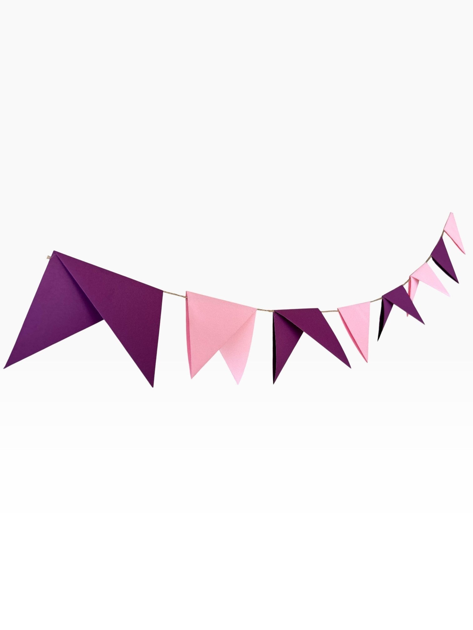 Paper Party Studio handmade paper bunting with alternating soft pink and deep purple triangular pennant flags.