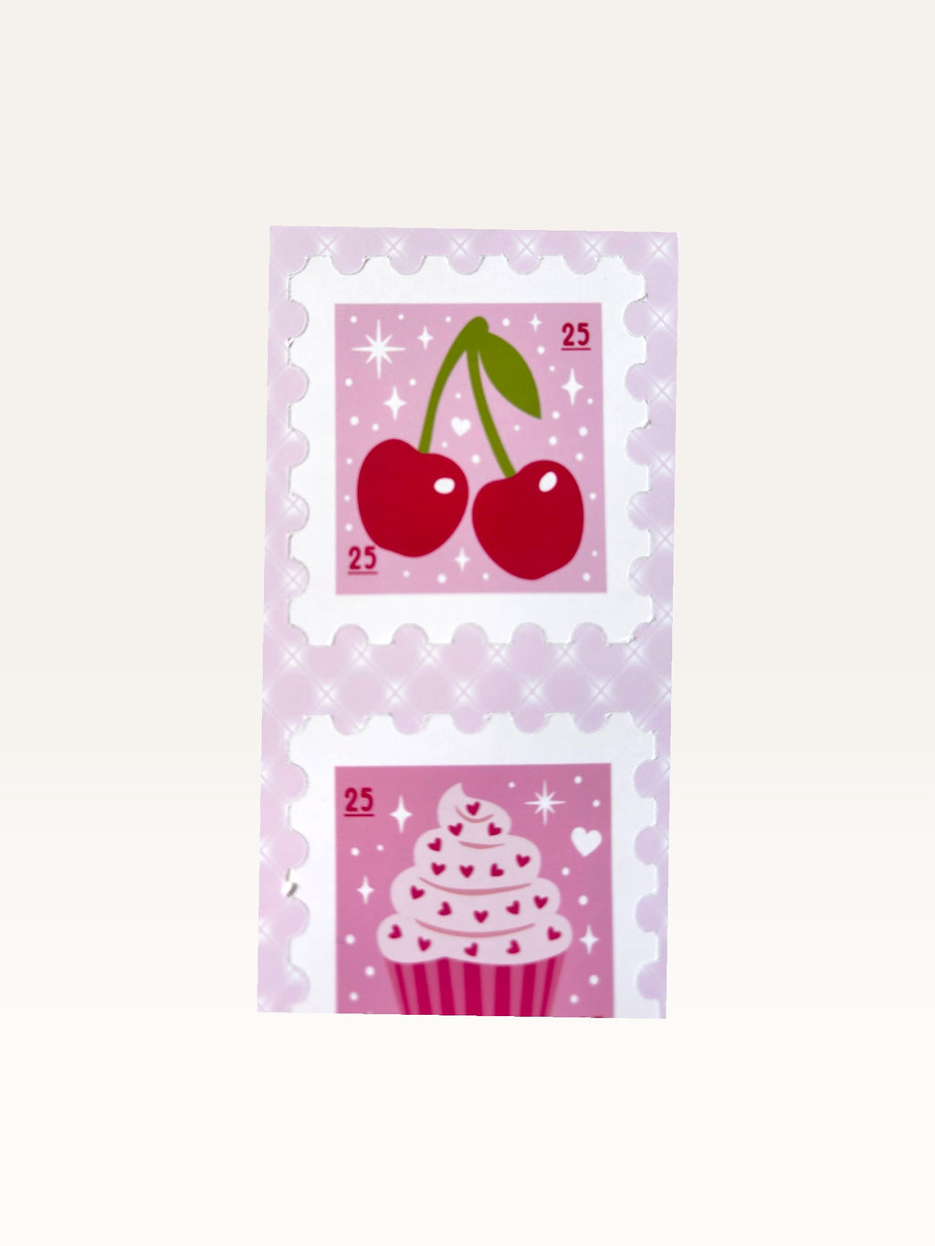 Paper Party Studio glossy sticker sheet featuring vintage-style pink postage stamps with cherry and cupcake designs.