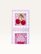 Paper Party Studio glossy sticker sheet featuring vintage-style pink postage stamps with cherry and cupcake designs.