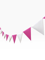 Paper Party Studio pink and white cardstock pennant bunting with classic triangle design, strung on cord.