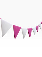 Paper Party Studio pink and white cardstock pennant bunting, classic triangle banner for parties and celebrations.