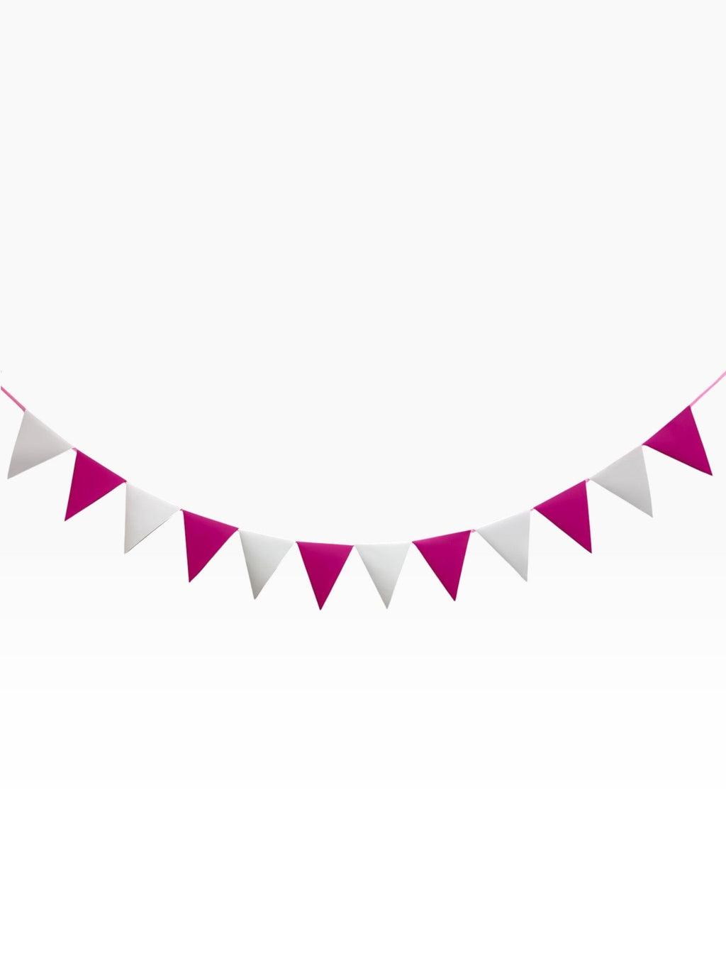 Paper Party Studio pink and white cardstock pennant bunting with classic triangle shapes strung on a cord.