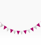 Paper Party Studio pink and white cardstock pennant bunting with classic triangle shapes strung on a cord.