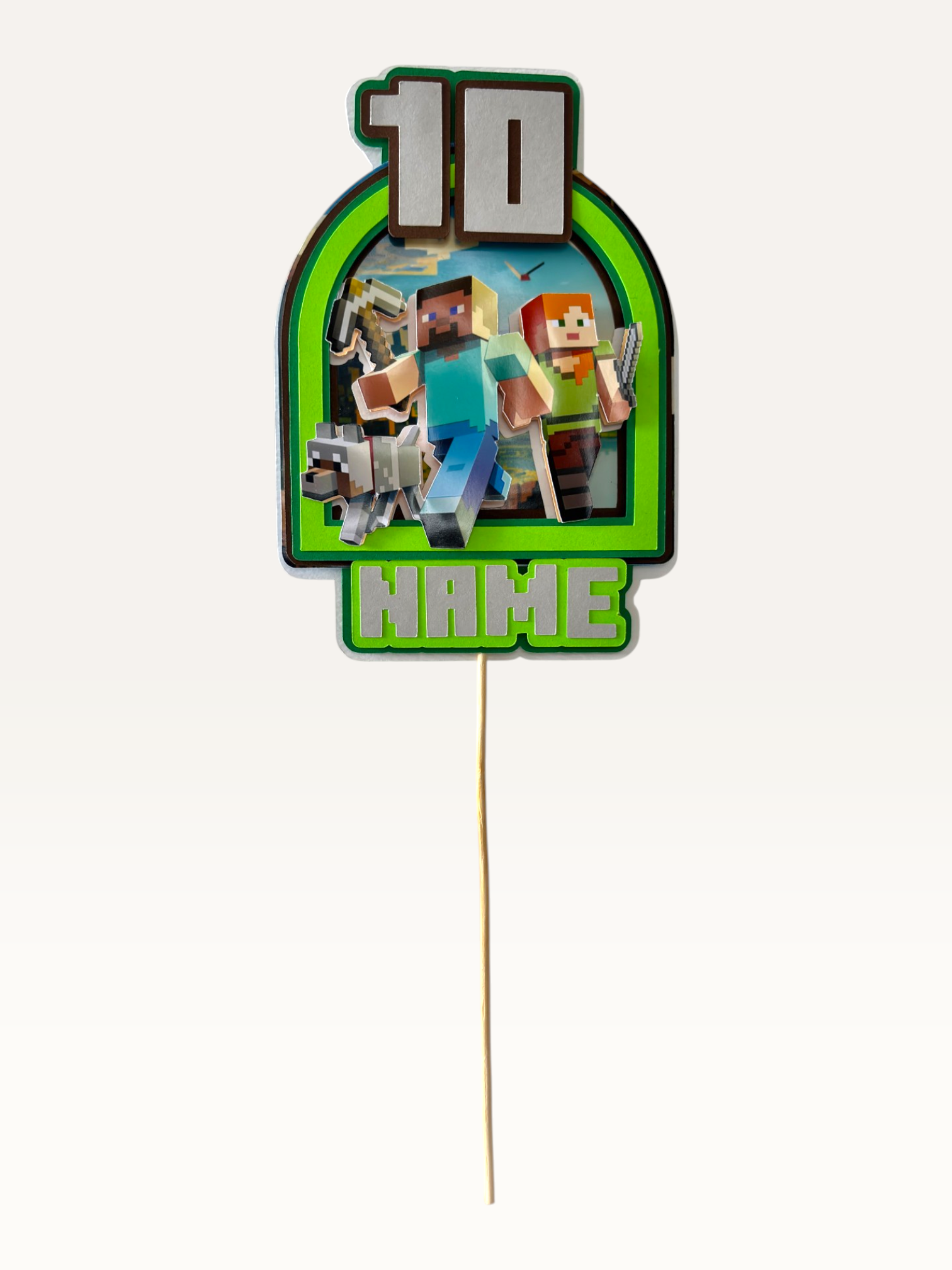 Paper Party Studio personalised pixel block world cake topper with 8-bit gaming characters