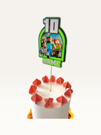 Paper Party Studio personalised pixel block world cake topper featuring 8-bit characters, age 10, and custom name.