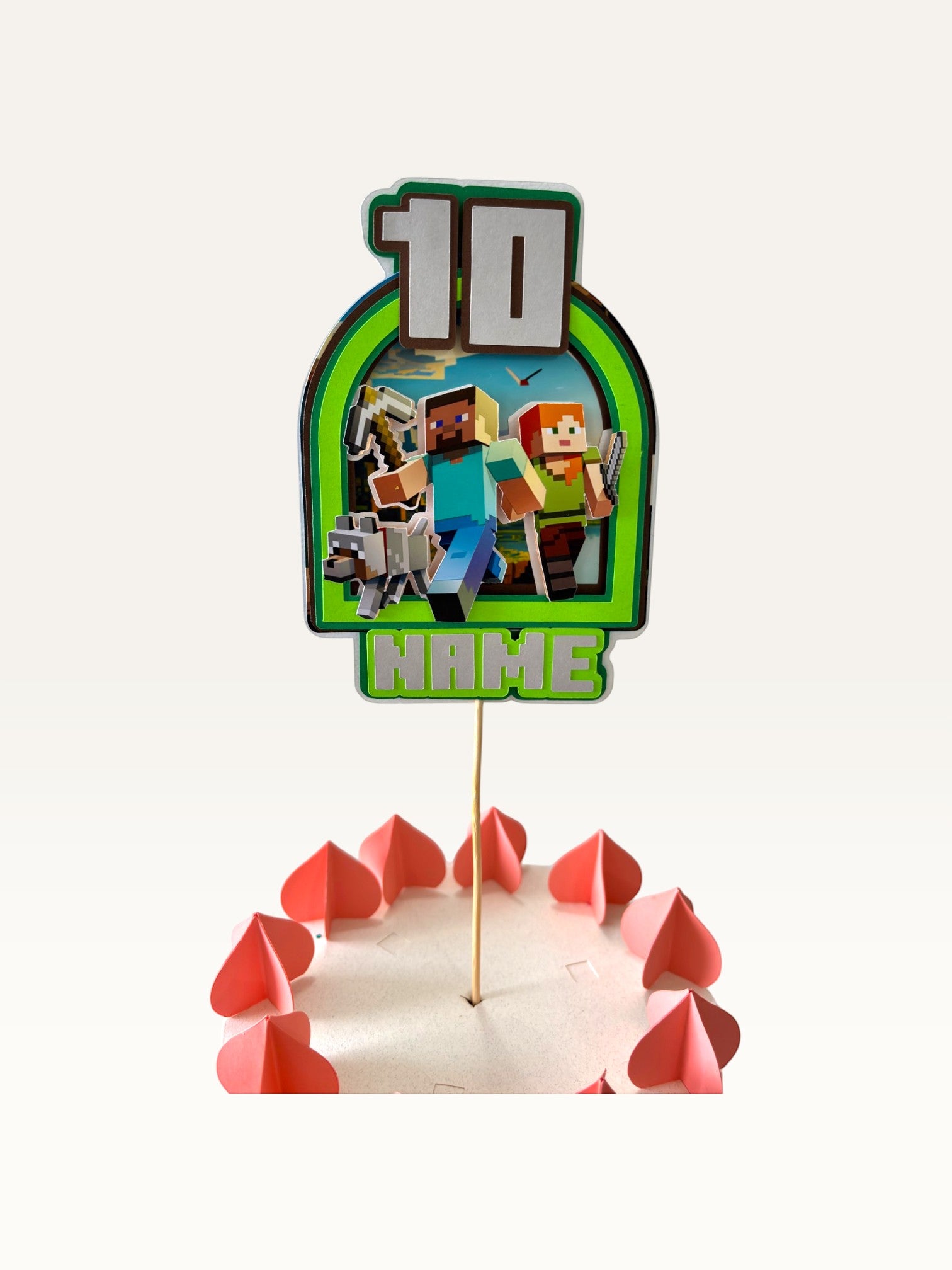 Paper Party Studio personalised pixel block world birthday cake topper with 8-bit characters and age 10