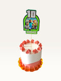 Paper Party Studio personalised pixel block world cake topper with gaming characters and age 10 on a white cake