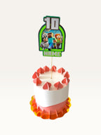 Paper Party Studio personalised pixel block world cake topper with gaming characters and age 10 on a white cake