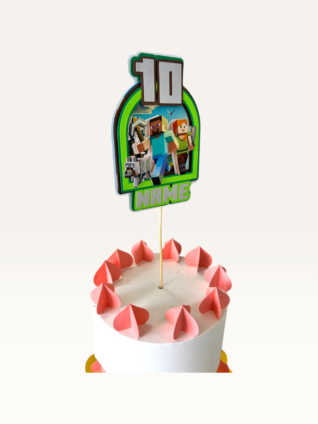 Paper Party Studio personalised pixel block birthday cake topper featuring a gamer character, age 10, and name space.